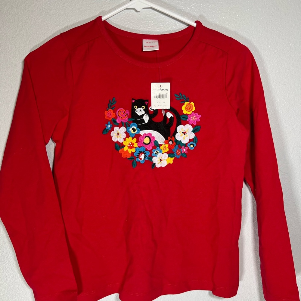 Hanna Anderson‎ Red Kids Long Sleeve Shirt with Cat and Floral Design